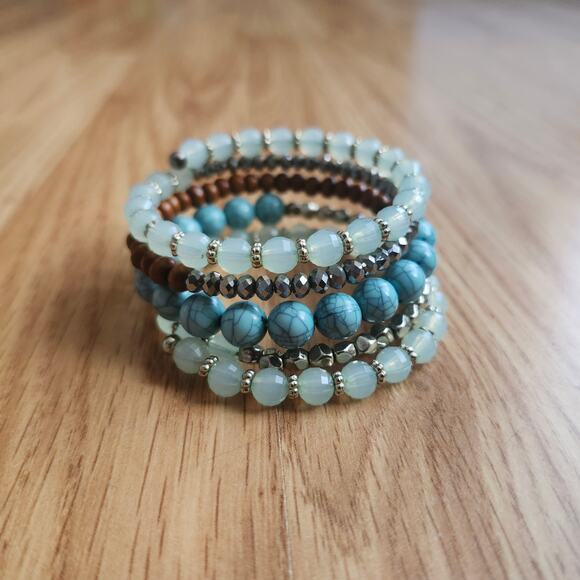 Memory Wire Coil Wrap Bracelet Turquoise Opalite Wood Silver Beads Stacked Boho - Picture 1 of 8